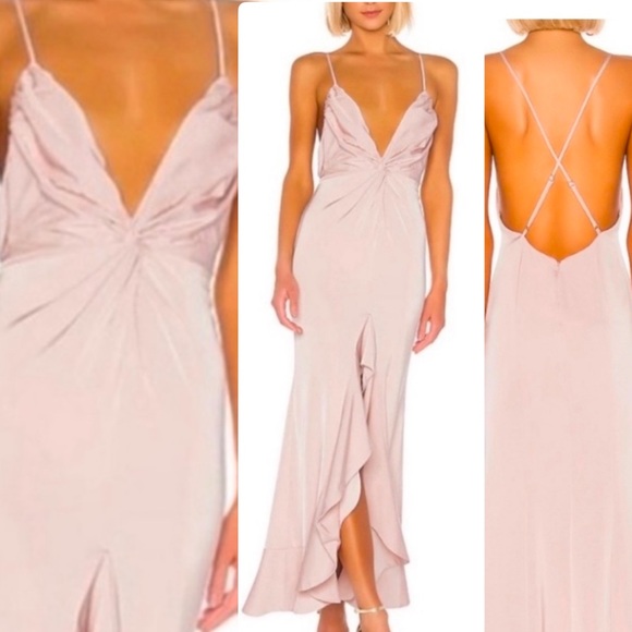 Lovers + Friends Dresses & Skirts - NWT Lovers & Friends Satin Pink Blush Ruffle Twist Maxi Dress Gown Size XS